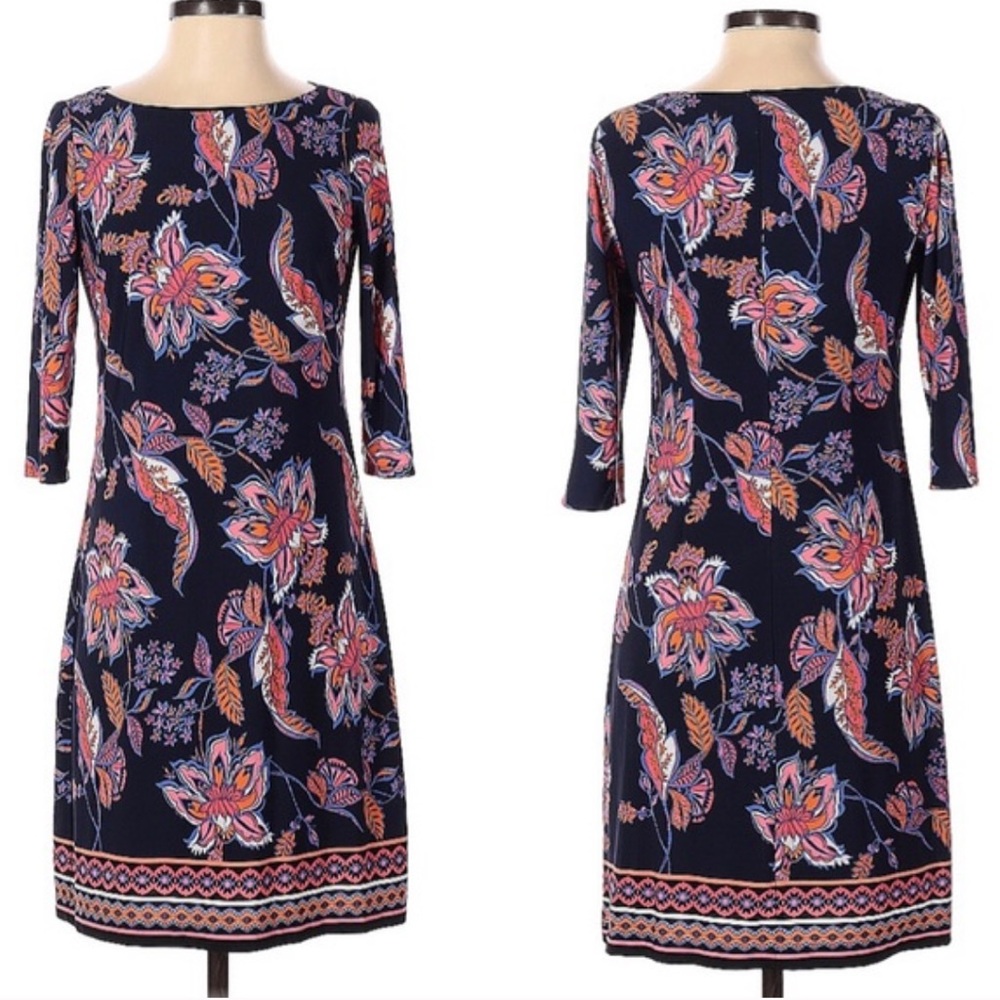 Vince Camuto Navy with Blue, Orange & Pink 3/4 Sleeve Jersey Sheath Dress 10 EUC